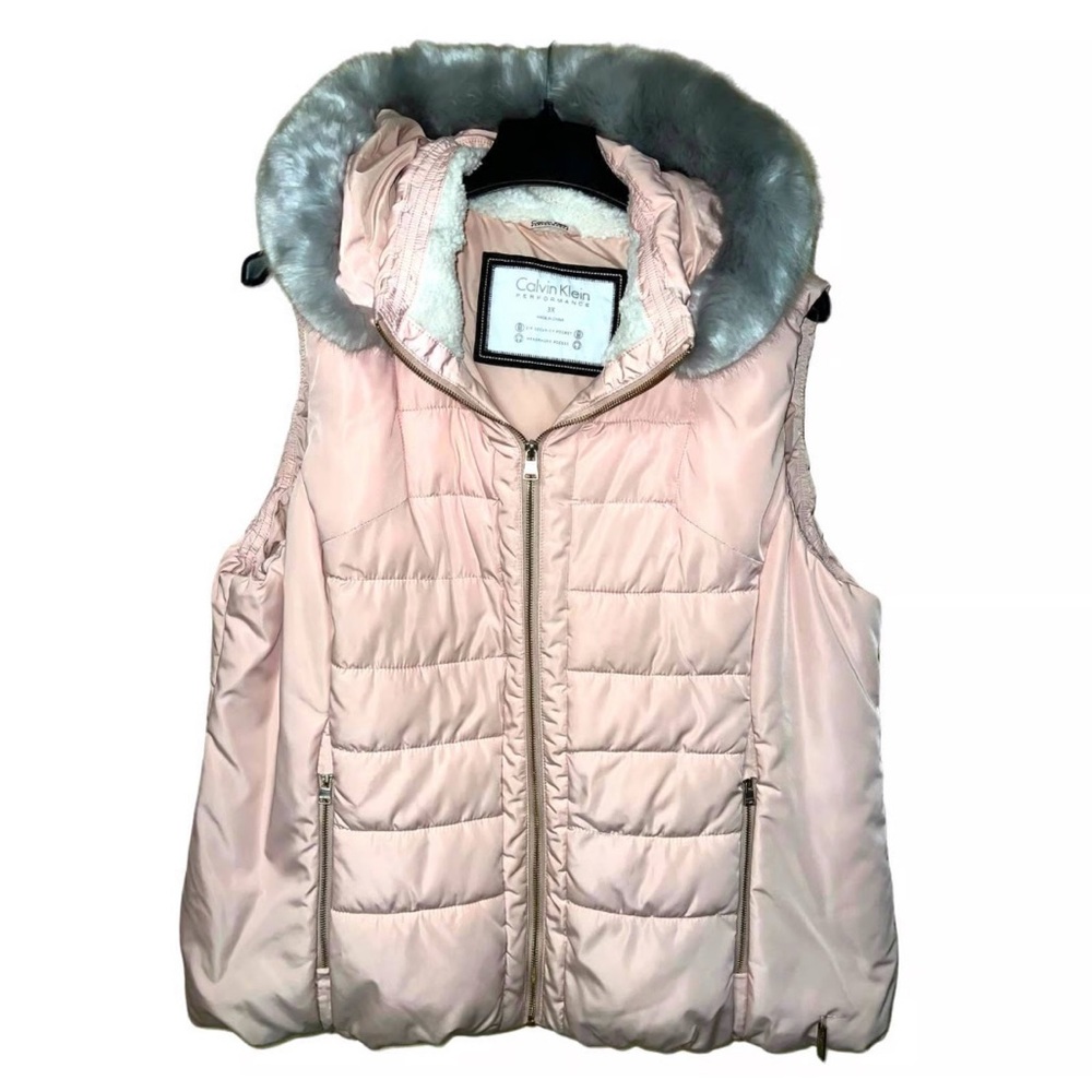 Calvin Klein Women's Light Pink Quilted Vest with Faux Fur Hood